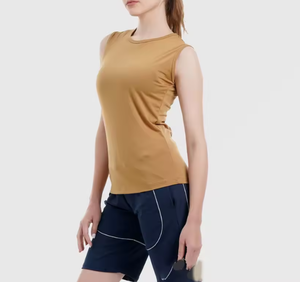 เสื้อกล้ามออกกำลังกายสีน้ำตาลอูฐสำหรับผู้หญิง แบบไม่มีแขน รับสกรีนโลโก้ ผ้าสเตรช ระบายอากาศดี เสื้อฟิตเนส ขายส่ง OEM - Product Image 3