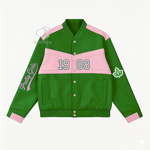 อัลฟ่า |   คาปา |   เสื้อแจ็คเก็ตหนัง PU แบบ Varsity ของ Alpha Sorority สำหรับผู้หญิง แจ็คเก็ตบอมเบอร์หนังเทียมติดกระดุมแบบ Snap คอตั้ง - Product Image 1