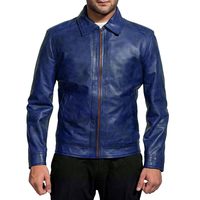 Veste en cuir véritable bleue, style actuel, col rabattu, fermeture éclair, style décontracté, pour l'automne.