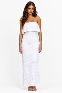White Eyelet Strapless Two Piece Women <b>Set</b> Ruffle Crop <b>Top</b> <b>and</b> High Waist Maxi <b>Skirt</b> Beach Party Dress - Product Image 3