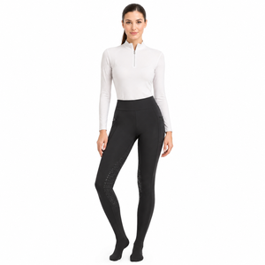 Collants d'équitation taille haute pour femme, tricotés, avec fermeture éclair, taille élastique, en Spandex/Polyester, avec grip aux genoux et poches latérales, longueur intégrale - Product Image 1