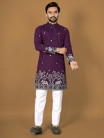 Setelan Kurta Pajama Pria Tradisional Sutra Kerajaan Bordir Tebal Anti Kusut Panjang Selutut untuk Pakaian Pernikahan & Diwali