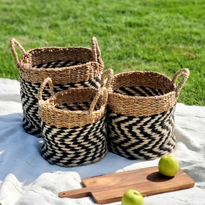 Set of 3 Seagrass and Cotton Fabric <b>Baskets</b> Handmade <b>Storage</b> <b>Basket</b> Wholesale eco-friendly Made in Vietnam - Product Image 3