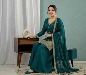 Luxury Peacock Teal <b>Green</b> <b>Silk</b> Salwar Suit Heavy Gold Zari Embroidery V-Neck Short Kurti Wide Leg Palazzo Pants Dupatta Set - Product Image 3