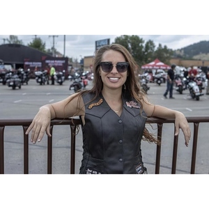 Women's <b>Black</b> PU Leather Biker <b>Vest</b> With Patch Designs And Lace-Up Sides Moto Style Sleeveless Waistcoat - Product Image 2