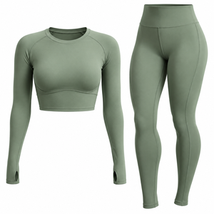 Custom Womens Eco-Friendly 2 Piece Yoga Set Long Sleeve Crop Top High <b>Waist</b> <b>Leggings</b> Recycled Polyester Gym Fitness Set - Product Image 6