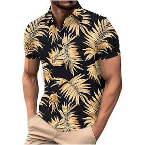 เสื้อเชิ้ตแขนสั้นลายใบปาล์มสีดำทองสำหรับผู้ชาย ผ้าถักเนื้อนุ่ม ระบายอากาศได้ดี ผลิตจากโพลีเอสเตอร์/คอตตอน 180 กรัม ดีไซน์ทันสมัย - Product Image 3