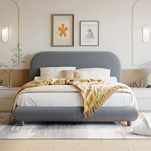 Letto matrimoniale imbottito in tessuto Teddy Fleece, design elegante a curva, con tessuto spesso e struttura solida, colore grigio. - Product Image 2