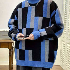 <b>Wool</b> Sweaters Patchwork Knit Sweater Pullover Full Sleeve Winter Blue Black Gray Oversized Crewneck Sweaters - Product Image 2