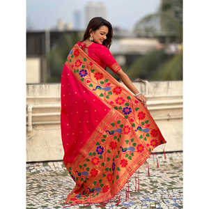 Sari en soie Paithani rose tissé Zari avec grande bordure, élégant pour les soirées, Elite Weaves 650g - Product Image 4