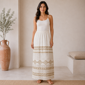 Womens Embroidered Maxi <b>Skirt</b> <b>Elastic</b> <b>Waist</b> Tribal Geometric Design Lightweight Breathable Boho Style | Casual Summer Vacation - Product Image 3