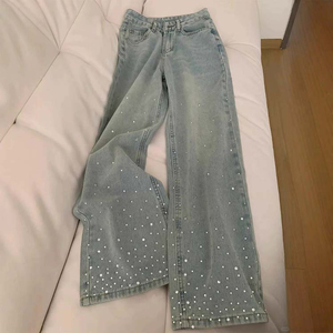 Nouveau Jean Femme 2026 Coupe Droite Taille Haute Effet Délavé avec Strass et Jambes Larges, Personnalisable avec LOGO - Product Image 6