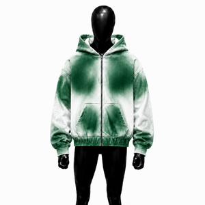 Sweat-shirt à capuche zippé dégradé vert et blanc, coupe oversize, streetwear unisexe, veste à capuche premium ombrée, fermeture éclair intégrale, effet vintage délavé - Product Image 1