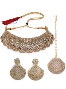 Parure de bijoux pour femme en alliage de zinc plaqué or, avec collier et boucles d'oreilles, ornée de cristaux, strass et perles d'imitation, motif floral - Style vintage - Product Image 6