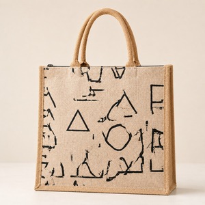 Jute <b>Tote</b> <b>Bag</b> Geometric Print Zipper Rope Shoulder Handbag Reusable Shopping Carry <b>Bag</b> for Grocery Travel Beach Outdoor - Product Image 1