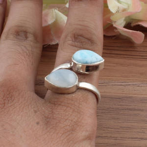Wholesale Natural Larimar and Moonstone Classic Wedding Stacking <b>Ring</b> 925 Sterling Silver Sea Life Jewelry for Women - Product Image 2
