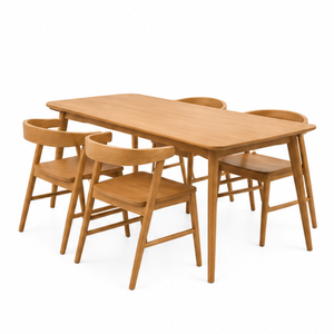 Ensemble de salle à manger ARTERRA en teck de style Japandi de luxe, table rectangulaire moderne, chaises à dossier incurvé pour appartement - Product Image 1