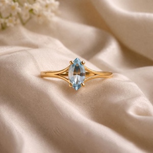 14K Gold Plated Bohemian Christian Style Marquise Cut Aquamarine <b>Ring</b> Women <b>Split</b> Shank Solitaire Anniversary Gift Jewelry - Product Image 3