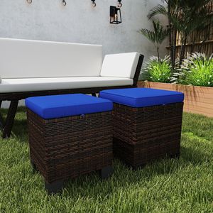 Pouf da Esterno in Rattan Blu Scuro a 2 Pezzi con Cuscini, Poggiapiedi e Tavolino Laterale per Patio e Bordo Piscina - Arredamento Premium per Esterni - Product Image 2