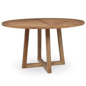Une table à manger ronde en teck, au design scandinave, distinguée par les lignes et les motifs uniques sur sa surface. - Product Image 2