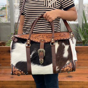 กระเป๋าดัฟเฟิลสำหรับเดินทางกลางแจ้งกระเป๋าหนังวัวแท้สำหรับใช้ได้ทั้งชายและหญิงดีไซน์ลายดอกไม้แฟชั่นหนังวัวแท้โลโก้ได้ตามต้องการ - Product Image 4