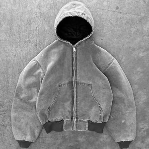 Sweat à capuche zippé personnalisé de haute qualité pour homme, effet vieilli et délavé à l'acide, style vintage, épaules tombantes, coupe courte, en polaire coupe-vent, pull en coton pour l'hiver - Product Image 2