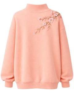 Sudadera Oversize de Forro Polar para Mujer, Cuello Alto, Bordado Floral, Cálida, Informal, Moda de Invierno, Estilo Urbano - Product Image 2