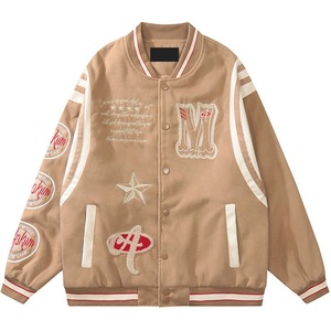 Men's Beige Varsity <b>Jacket</b> Embroidered Letter M Preppy Style Turn-down Collar Autumn Regular Fit <b>Patch</b> Designs - Product Image 1