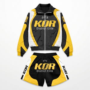 ชุดเซ็ตเสื้อแจ็คเก็ตและกางเกงขาสั้นผ้าโพลีทริคอตหนา 240 GSM สีดำ-เทา พร้อมโลโก้ สำหรับผู้ชาย - Product Image 6