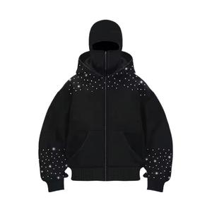 Sweat-shirt à capuche zippé en molleton 100% coton, orné de strass verts hivernaux, avec cache-visage intégré et manches longues, style décontracté, service OEM - Product Image 3