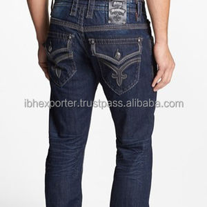 กางเกงยีนส์เดนิมธรรมดาปักลายมีกระเป๋าด้านหลัง - Product Image 1