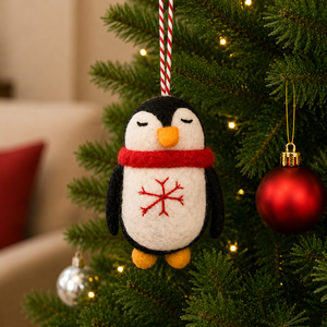 Cute <b>Wool</b> Penguin Christmas Ornament With Red Scarf And Snowflake Design - Product Image 1