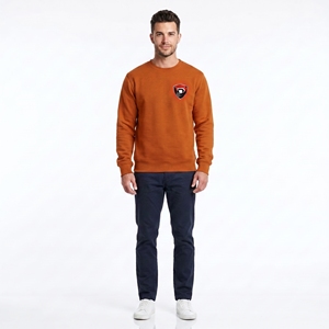 <b>Men's</b> <b>Orange</b> Crew Neck <b>Sweatshirt</b> Regular Fit Solid Color Casual Pullover Front Logo Heat Transfer Printing 100% Cotton - Product Image 3
