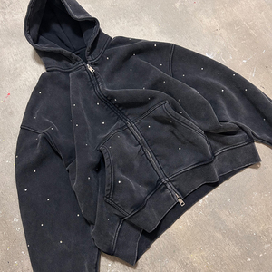 Custom Men's Tracksuit High Quality Manufacturer Cotton Vintage Washed Faded Rhinestone Zip up Hoodie Straight <b>Sweatpants</b> <b>Set</b> - Product Image 5
