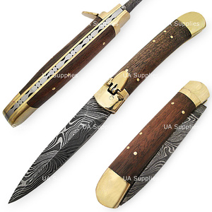 Cuchillo de bolsillo plegable de caza UA Supplies, hecho a mano, de acero de Damasco, con bloqueo de palanca, grado industrial 9, longitud total, detalles en latón - Product Image 4