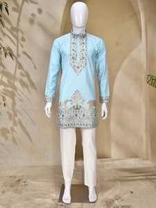 Ensemble Kurta et Pantalon Homme Bleu Clair Brodé en Coton Séchage Rapide Longueur Genou Coupe Droite – Tenue Ethnique Indienne et Pakistanaise pour Mariage et Cérémonies - Product Image 6