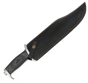 Cuchillo Bowie hecho a mano con clip de seguridad plateado, hoja de acero inoxidable, mango de palisandro, funda de cuero, borde parcialmente serrado, estilo industrial. - Product Image 5