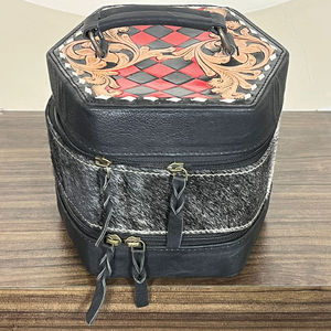 Hand Tooled Red & Black Checkered Leather Jewelry Box Cowhide Leather Jewelry Organizer Earrings and Necklaces Case for Women's - Product Image 4