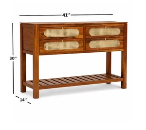 Boho Rattan Solid Wood <b>Console</b> <b>Table</b> with 4 Drawers | Modern Wooden Hallway <b>Table</b> with Woven Rattan Drawers & Slatted Shelf - Product Image 2