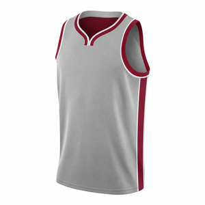 Maillot de basket-ball personnalisé unisexe gris et rouge sans manches, col en V, maille respirante en polyester, évacuation de l'humidité, uniforme d'équipe pour adultes - Product Image 1