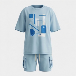Ensemble de shorts 2 pièces unisexe bleu clair à imprimé géométrique, t-shirt à manches courtes col rond et short cargo, vêtements décontractés pour le printemps et l'été - Product Image 1