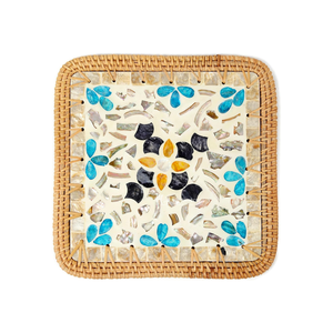 Mother of Pearl Placemat, Shell Inlay Square Charger Plate, Mosaic Rattan <b>Table</b> Mat with Floral Pattern for Fine <b>Dining</b> & Decor - Product Image 1
