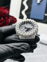 Montre de luxe pour homme en moissanite VVS, analogique-numérique, bracelet en caoutchouc noir, boîtier rond argenté, montre-bracelet
