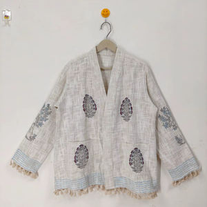 Chaqueta Bomber de Algodón con Estampado Artesanal, Reversible, Ecológica, con Estampado Floral Bohemio, Manga Corta, Dobladillo con Borlas, para Invierno - Product Image 1