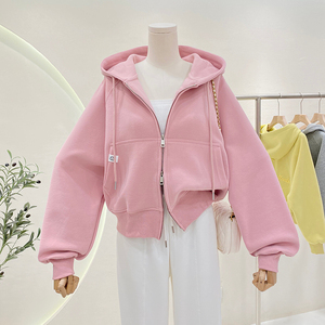 เสื้อฮู้ดซิปผู้หญิงทรงโอเวอร์ไซส์ สีพื้น ไหล่ตก ความยาวสั้น ผ้าถักผสมคอตตอน สไตล์ลำลองสำหรับฤดูใบไม้ร่วง - Product Image 6