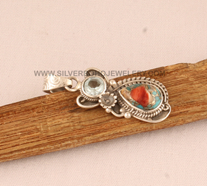 Pendentif en argent sterling 925 vintage avec topaze bleue, cuivre huître et turquoise, fait main, 18 pouces, unisexe, pour femme, vente en gros - Product Image 6