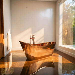 Elegante bañera de cobre martillado con patas de gato en un conjunto de mármol rosa. Diseño de lujo disponible a precios de mayorista. - Product Image 2