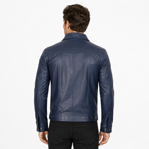 Blouson en cuir véritable pour homme, coupe ajustée, bleu vieilli, style motard en peau de mouton, col montant, vêtement d'extérieur hiver - Product Image 2