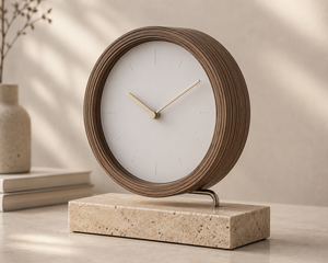 Minimalist Circular Wood Desk Clock With Beige Face Silent Quartz Movement - Product Image 1