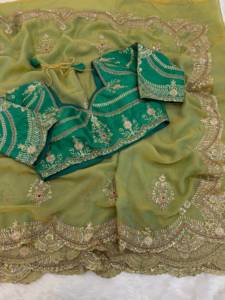 Designer Party Wear Multi Sequence And Thread Embroidery Work Moss Chiffon Saree Paired With Banglori <b>Silk</b> Embroidered Blouse - Product Image 4